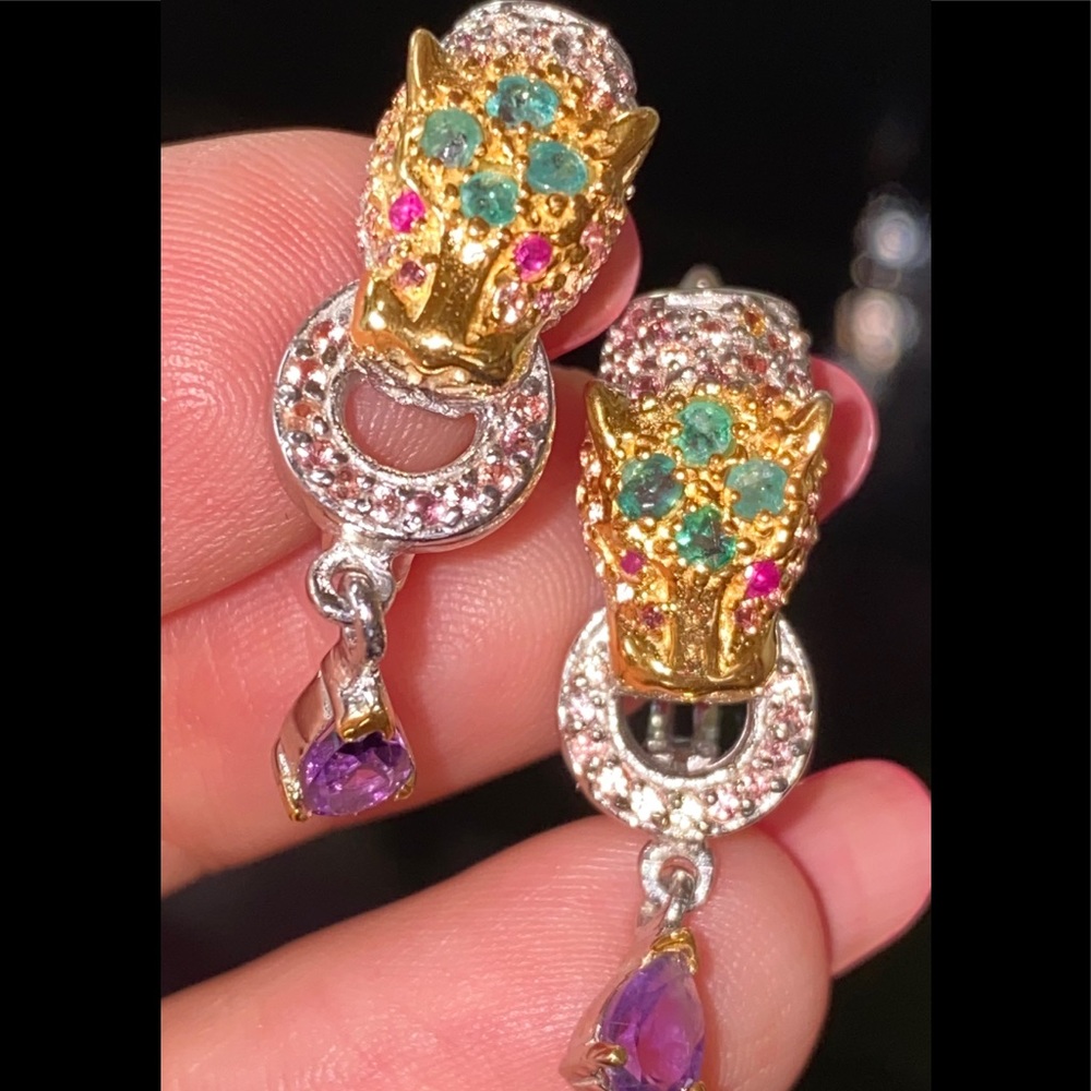 Teardrop Amethyst Emerald Ruby Earrings - image 3